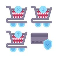 Ecommerce icons set. delete product, add product, out of cart, credit protection. Perfect for website mobile app, app icons, presentation, illustration and any other projects vector