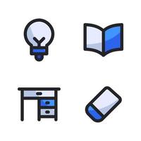 Back To School icons set. Lamp, open book, desk, eraser. Perfect for website mobile app, app icons, presentation, illustration and any other projects vector