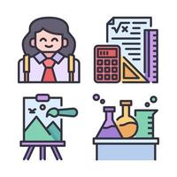 Education icons set. Student girl, math, paint canvas, chemistry lab. Perfect for website mobile app, app icons, presentation, illustration and any other projects vector