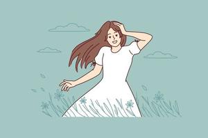 Happy young woman walking in summer field enjoying goo day. Smiling girl in countryside have recovery from mental illness. Vector illustration.