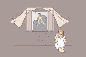 Scared girl sitting on floor afraid of storm outdoors. Terrified young woman feel stressed and frightened of lightning and thunderstorm. Vector illustration.