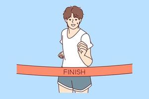 Young man in sportswear running finish race first. Smiling male athlete or sportsman participate in sport competition. Vector illustration.