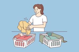 Woman sorting dirty clothes for washing. Girl gathering laundry in baskets in laundromat. Housework and housekeeping. Vector illustration.
