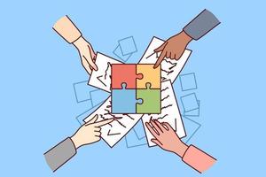 Businesspeople join jigsaw puzzles together engaged in team work in office. Employee cooperate solve busyness problems find solution. Teamwork. Vector illustration.