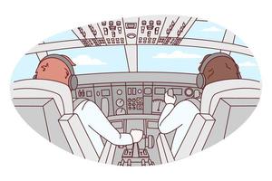 Pilots in cabin of airplane during flight. Aircraft crew in front of plant. Aviation and flying. Vector illustration.