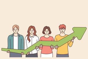 Team of men and women together hold green arrow pointing up, symbolizing development and success business. Concept of growth in financial performance due to teamwork of company employees vector