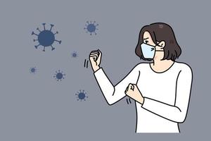 Decisive angry woman in facemask fight covid-19 virus pandemics. Mad girl in facial mask protect from corona virus epidemics. Coronavirus illness concept. Flat vector illustration.