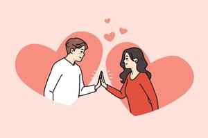 Happy young man and woman touch hands look in eyes feel in love. Smiling caring couple have close intimate bonding moment. Good relationships concept. Flat vector illustration.