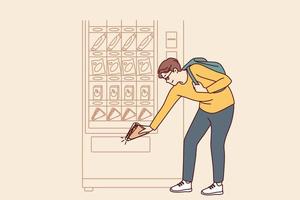 Man student bends down to pick up sandwich while shopping for lunchtime snack from vending machine. Shopper uses automatic vending machine to whet appetite after college or university classes vector