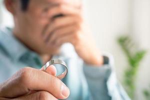 Man is take off his wedding ring and look serious about his family problems. Say goodbye, divorce and love problems photo