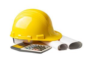 Yellow helmet and Architectural and house plan project blueprint with calculator isolated on white background with clipping path. photo