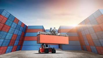 Container handler forklift lifting in shipping yard with stack of colorful containers box background, copy space, Logistics import export goods of freight carrier and transportation industry concept