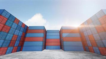 Stack of cargo containers box in port shipping yard background, Containers with blue sky and floor ground, Copy space, logistics import export goods of freight carrier transportation industry concept