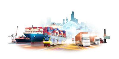 Logistics import export and International transportation of containers cargo ship at port, freight train, container handlers, cargo plane, truck on city white background, transport industry concept