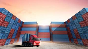 transporte de envase camión en Envío Puerto con apilar de vistoso contenedores caja fondo, Copiar espacio, negocio logística importar exportar bienes de carga transportador, transporte industria concepto