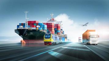 Global business logistics and transportation import export container cargo freight ship, freight train, cargo airplane, containers truck on highway with copy space, international trade concept photo