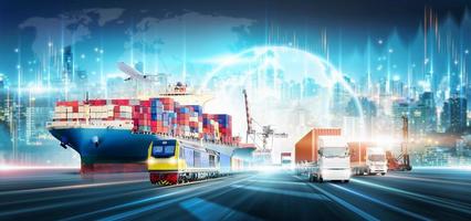 Smart logistics import export and transportation industrial concept of container cargo freight ship, Truck on highway, Global business logistics technology network distribution on world map background photo