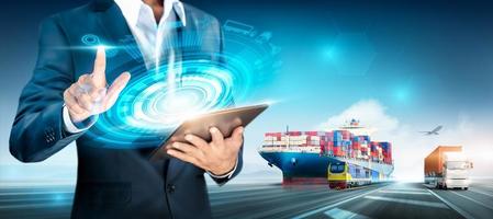 Smart logistics and transportation import export concept, Global Business logistic network distribution of Cargo freight ship, Cargo plane, freight train, Container truck at industrial port background
