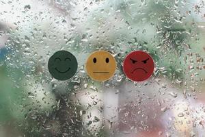 Customer Experience dissatisfied Concept, Unhappy Businessman Client with Sadness Emotion Face on virtual screen, Bad review, bad service dislike bad quality, low rating, social media not good. photo