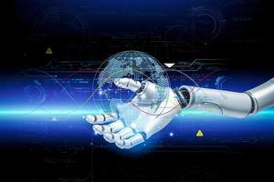 3D rendering. Artificial intelligence,AI research of robot and cyborg development for future,digital smart world metaverse concept. photo