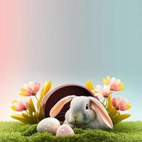 bunny and decorative eggs on green grass and flowers for easter celebration background card photo