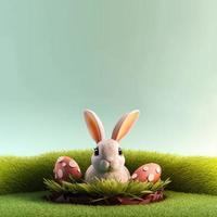 cute bunny and decorative eggs on green grass and flowers for easter celebration background greeting card with empty space photo