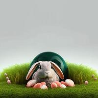 bunny and decorative eggs on green grass and flowers for easter celebration background greeting card with empty space photo