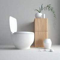 Minimalist bathroom mockup with natural wood furniture, toilet bowl and a white color schemes. photo