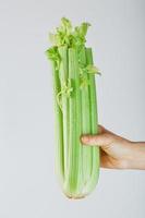 Celery stalks in an outstretched hand on a gray background. photo