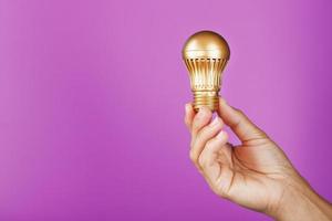 Gold light bulb in a female hand on a pink background, as a concept of ideas and help photo