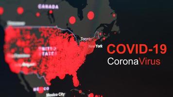 el coronavirus pandemia con el palabra covid-19 en el global mapa de el unido estados con rojo puntos de infección centros. foto
