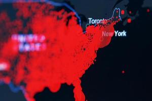 covid-19 coronavirus pandemia en el nosotros mapa en de cerca con rojo puntos de infección centros. foto