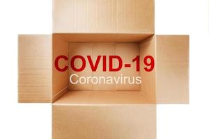 A coronavirus pandemic labeled COVID-19 inside a delivery service cardboard box. photo