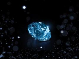 Blue Dazzling diamond on white shining bokeh background. concept for choosing best diamond gem design. 3d render photo