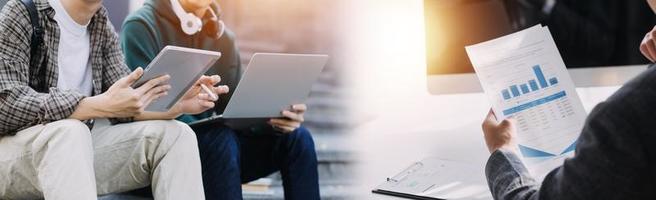 Financial analysts analyze business financial reports on a digital tablet planning investment project during a discussion at a meeting of corporate showing the results of their successful teamwork. photo