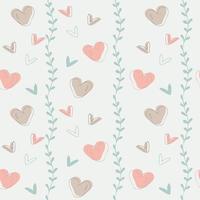 Seamless pattern in light colors with pink, hearts, and green leaves vector