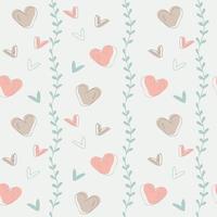 Seamless pattern in light colors with pink, hearts, and green leaves vector