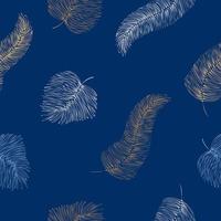 Seamless pattern white and gold feathers, leaves on blue background vector