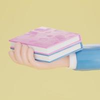 Hand holding books on yellow background. Education concept. 3D Rendering photo