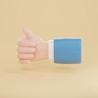 3d render of hand with thumbs up gesture isolated on yellow background. photo