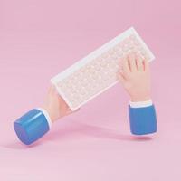 Hands typing on a computer keyboard on a pink background. 3d rendering photo