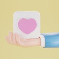 Hand holding a white cube with pink heart on yellow background. 3d rendering photo