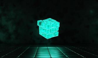 3d render cubes with blue glowing on dark background. photo