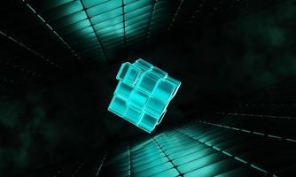 3d render cubes with blue glowing on dark background. photo