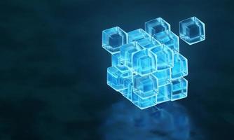 3d render cubes with blue glowing on dark background. photo