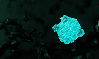 3d render cubes with blue glowing on dark background. photo