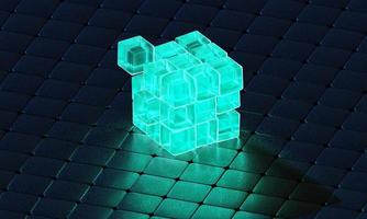 3d render cubes with blue glowing on dark background. photo