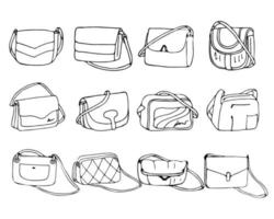 Women fashion handbags set in doodle style. vector