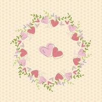 Circular frame with hearts and leaves on dotted background vector