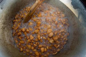 A deep fry fying pan close up very hot with chips photo